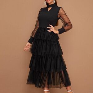 Black Midi Dress Tulle Tiered Sheer Formal Black Tie Evening Event Fancy XS
